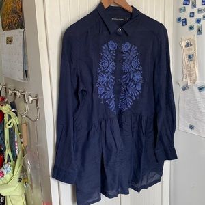 Gudrun Sjoden Lapis Embroidered Blouse.  S.  Linen/Cotton.